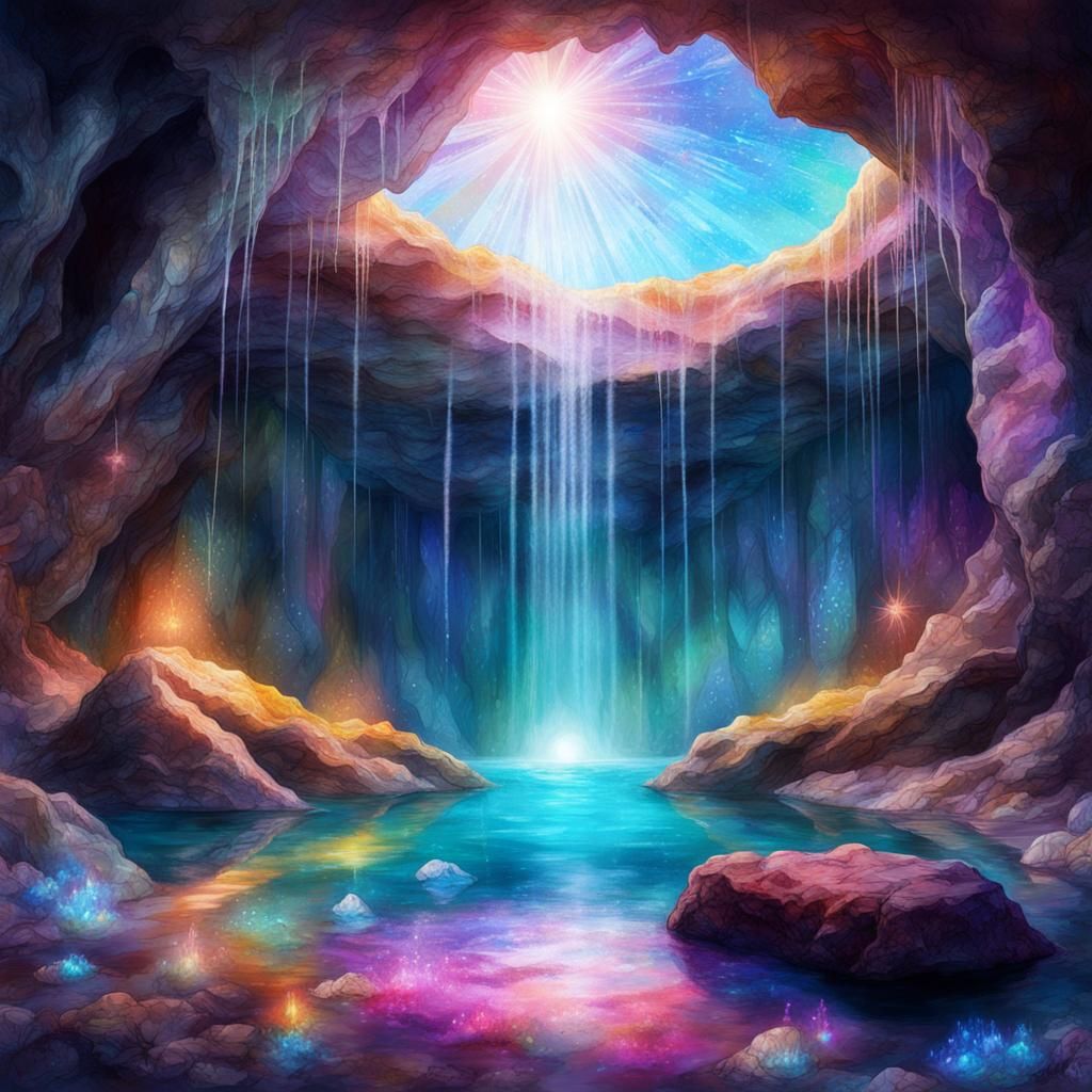 Crystal Cave with Skylight, Mixed Media Illustration