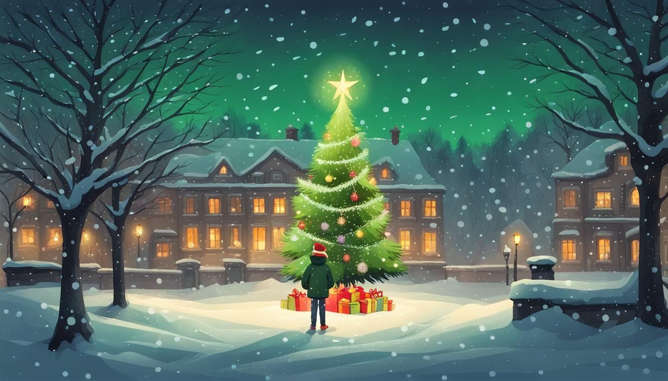 Festive Christmas Tree on Snowy Night