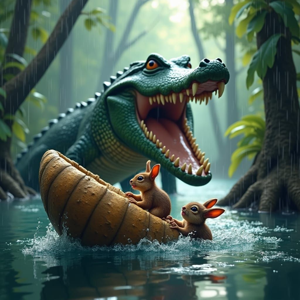 background forest and rain alligator with open mouth,
A baby squirrel and a baby rabbit the ears are pulled back swim to...