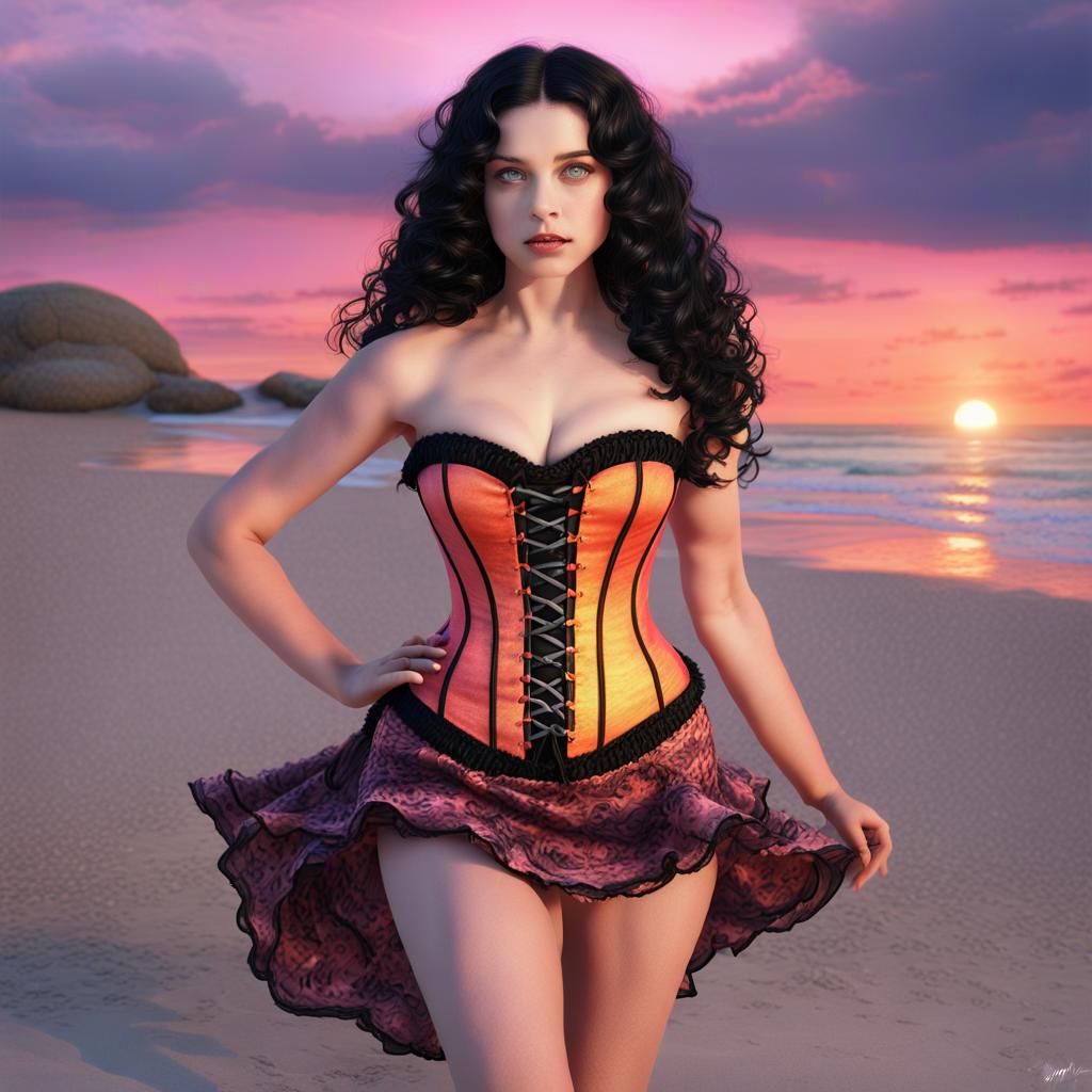 Summer Witch on Beach at Sunset: Fantasy Art