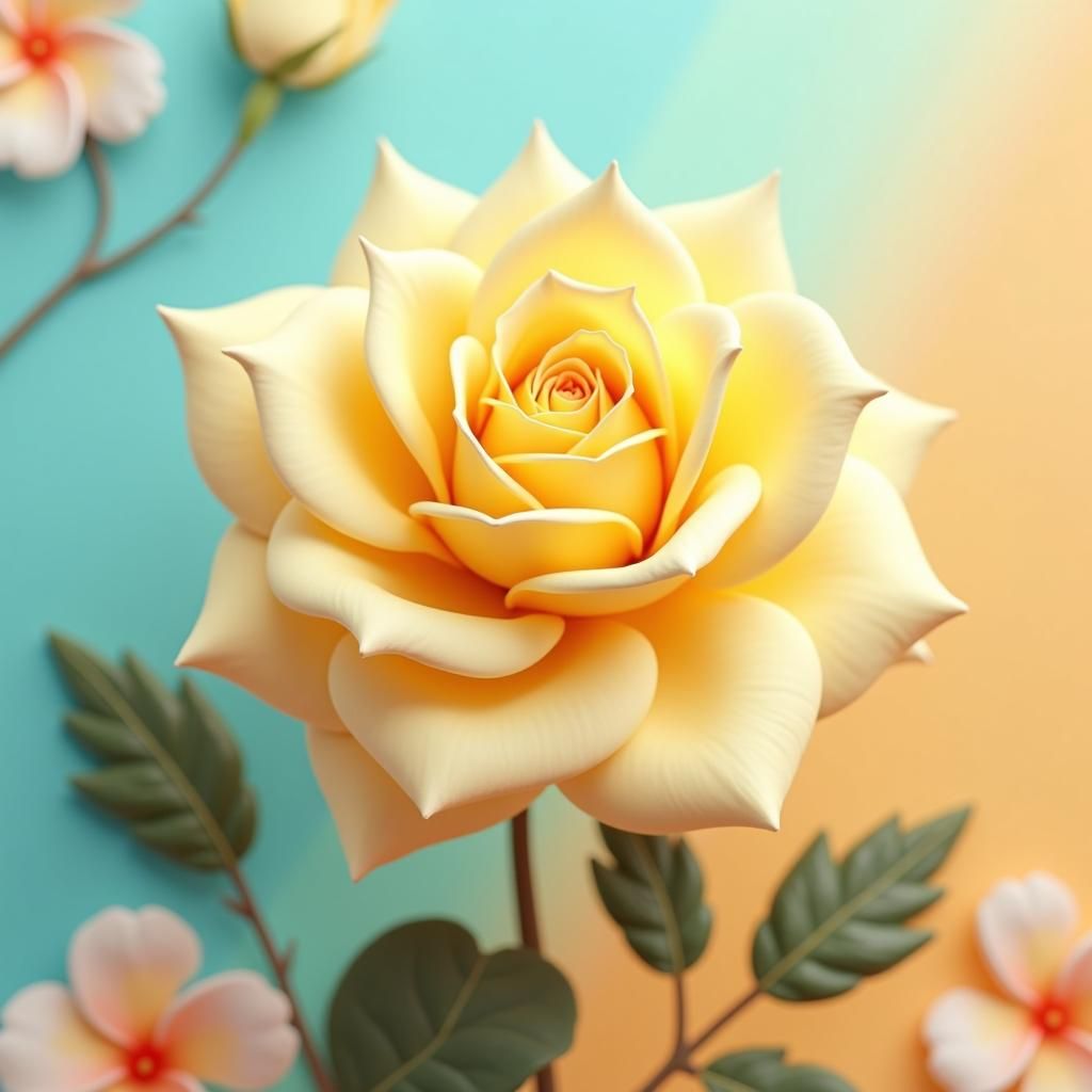 Light Yellow Rose in Bloom, 3D Digital Art