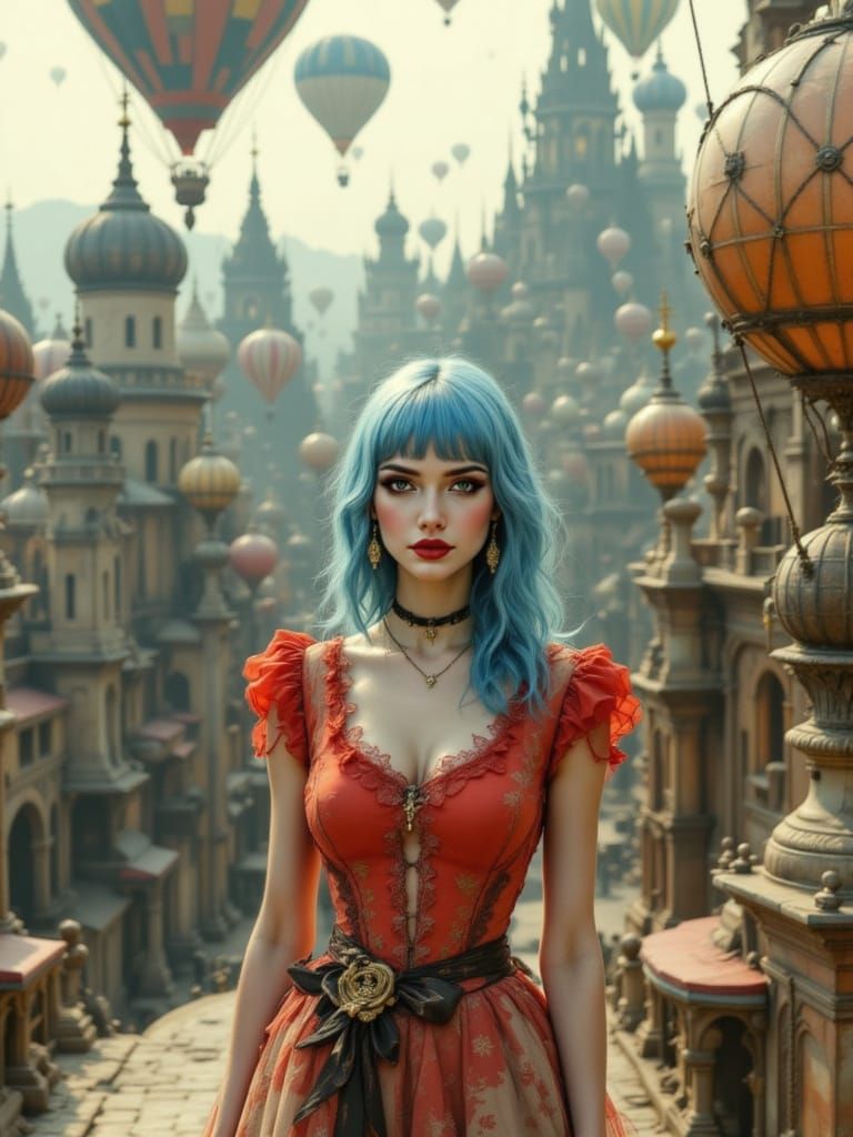 Woman in Steampunk City with Blue Hair