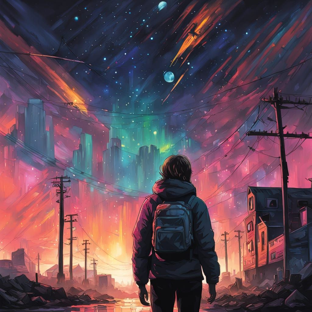 Woman Gazing at Starry Sky with Graffiti Art