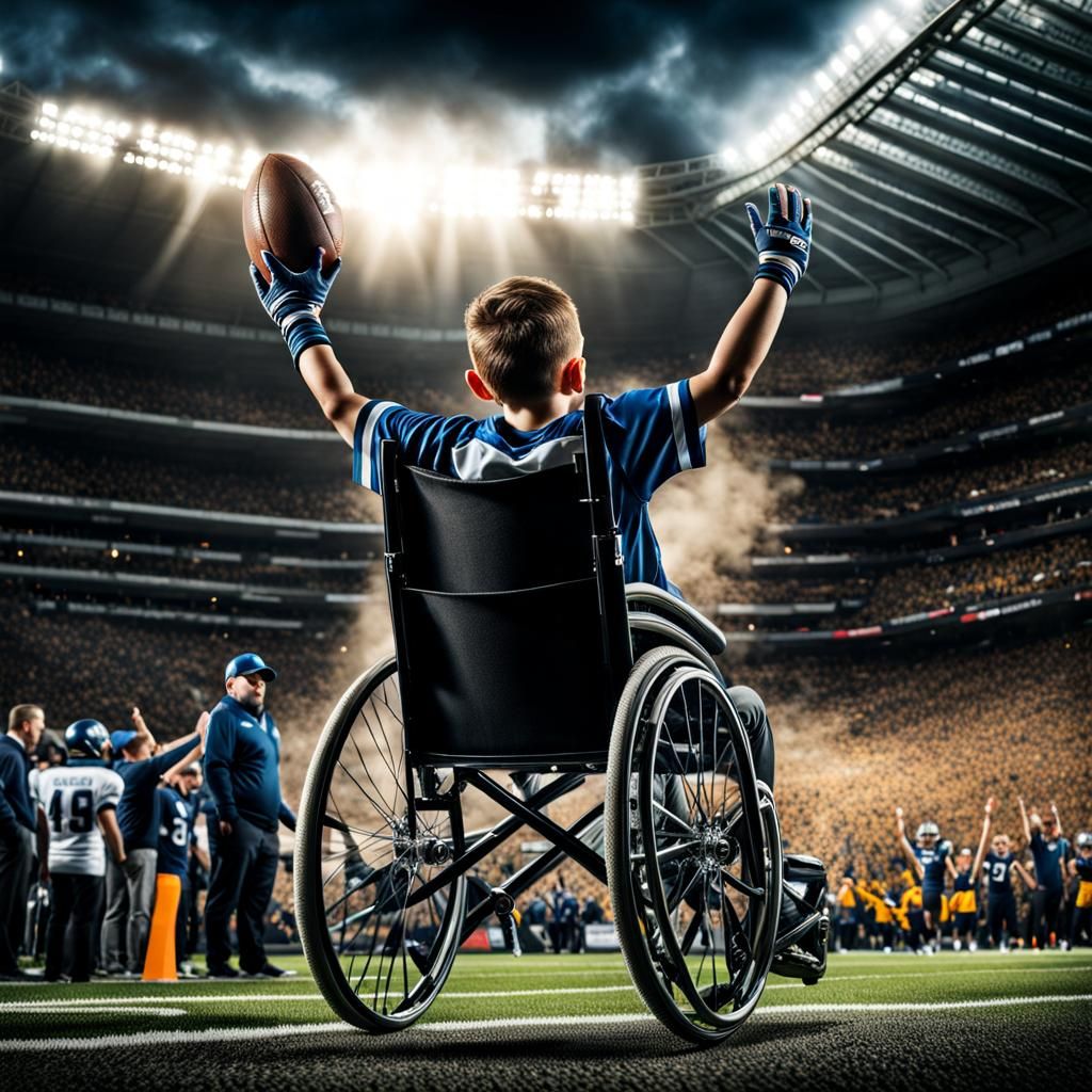 Boy in Wheelchair Cheering at Football Game