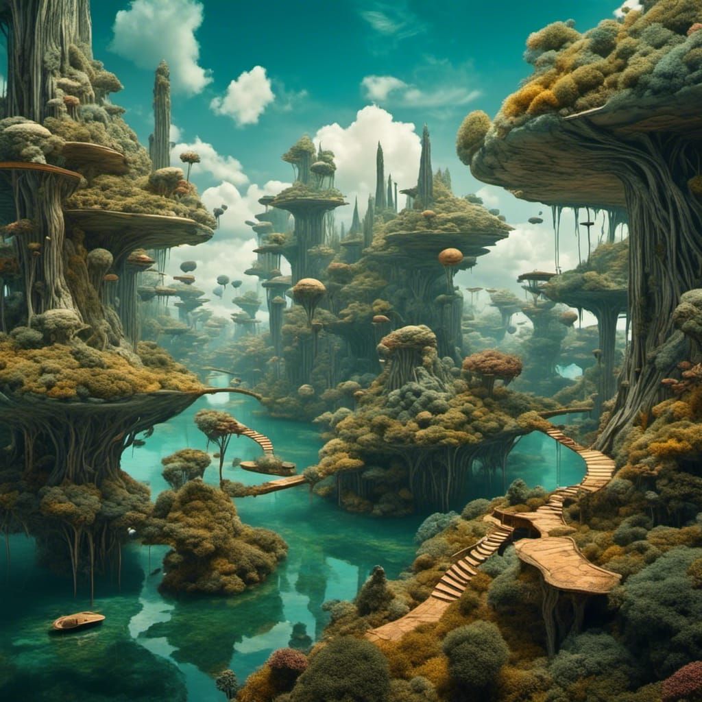 Surreal Landscape with Floating Islands and Architecture