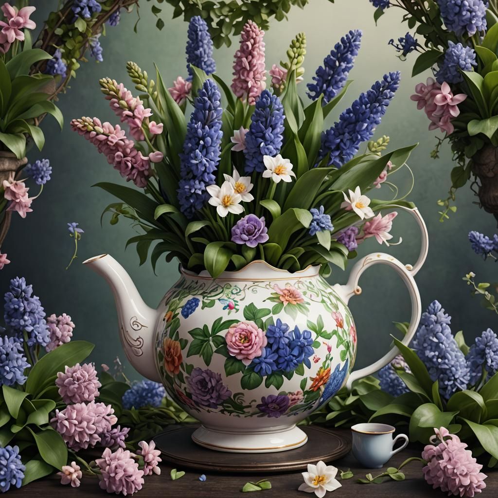 Whimsical Floral Teapot Arrangement: Fantasy Concept Art