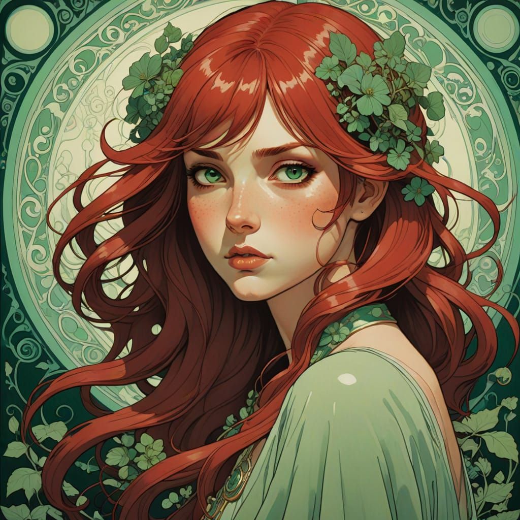 Red Haired Woman with Green Eyes in Art Nouveau Style