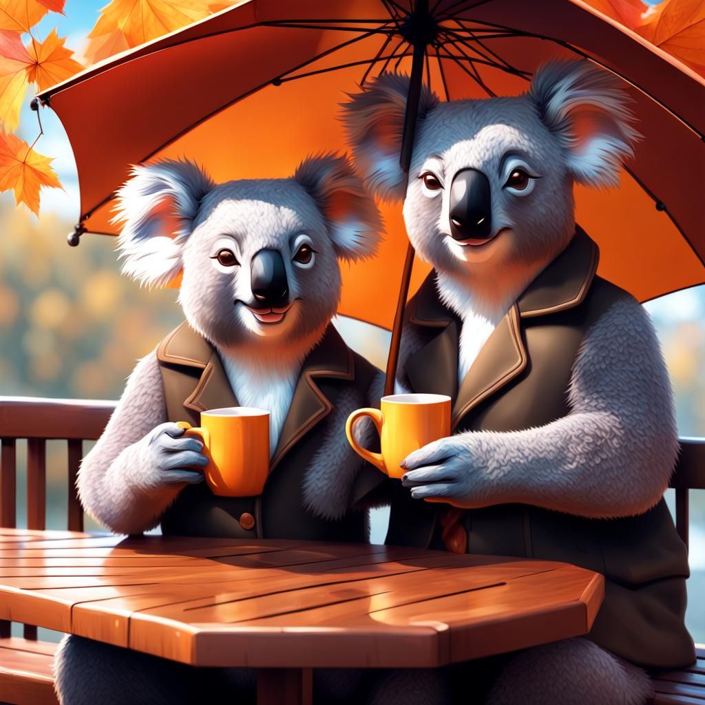 Koalas Share Tea in Autumnal Cafe: Digital Art