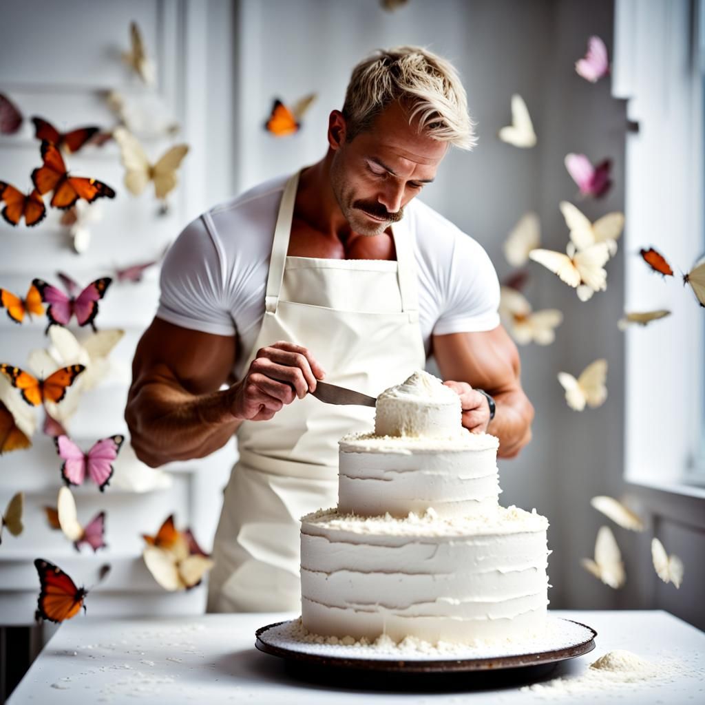 Bodybuilder Baker's Butterfly Wedding Cake, Professional Pho...