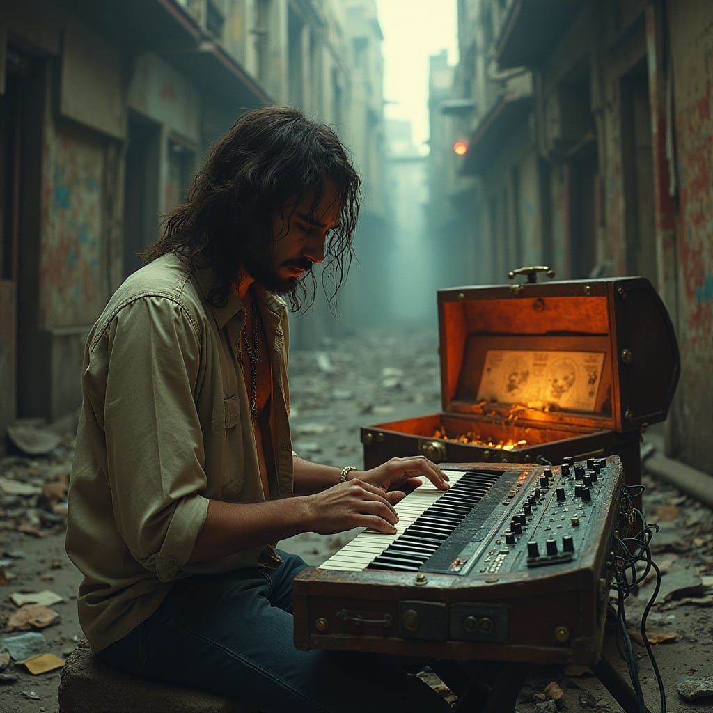 Musician Plays Synth in Dilapidated Cityscape