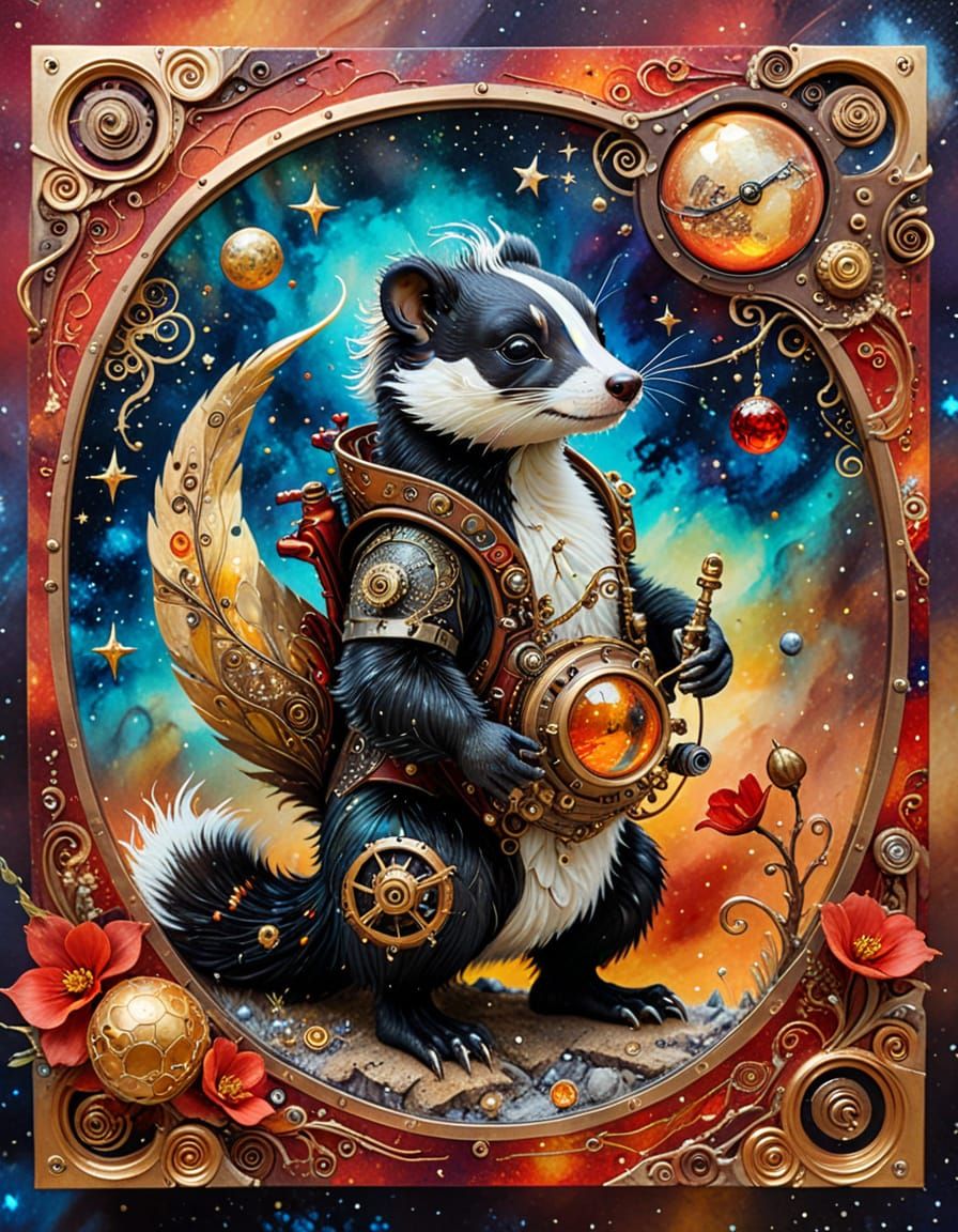 Steampunk Skunk in Space with Duckling: Surreal Mixed Media
