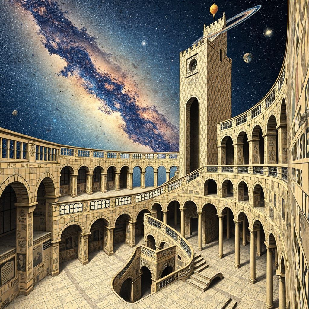 Dreamlike Impossible Architecture with Grid-Patterned Design...