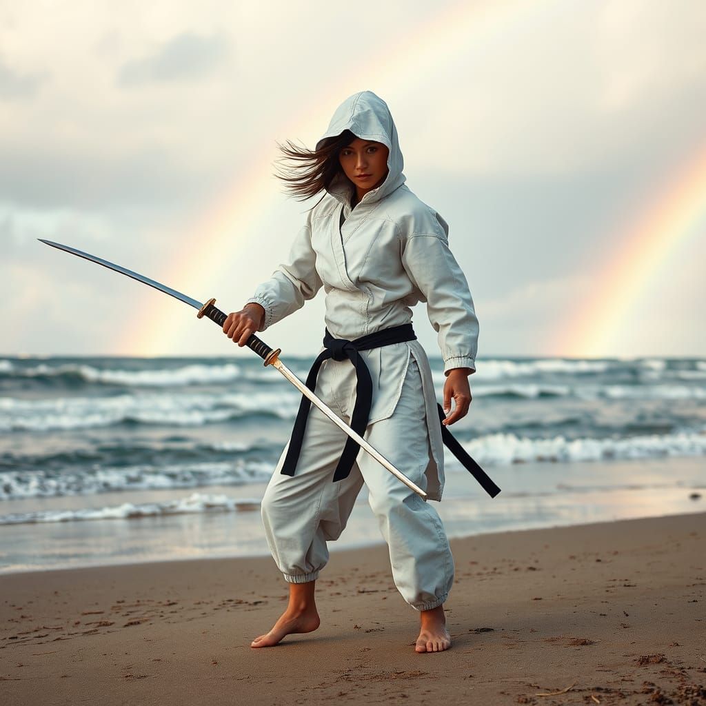 Japanese Warrior Woman in a Stormy Beach Landscape