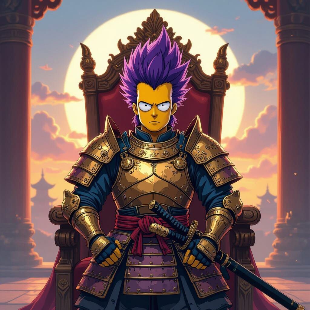 Samurai Warrior with Purple Hair on Royal Throne