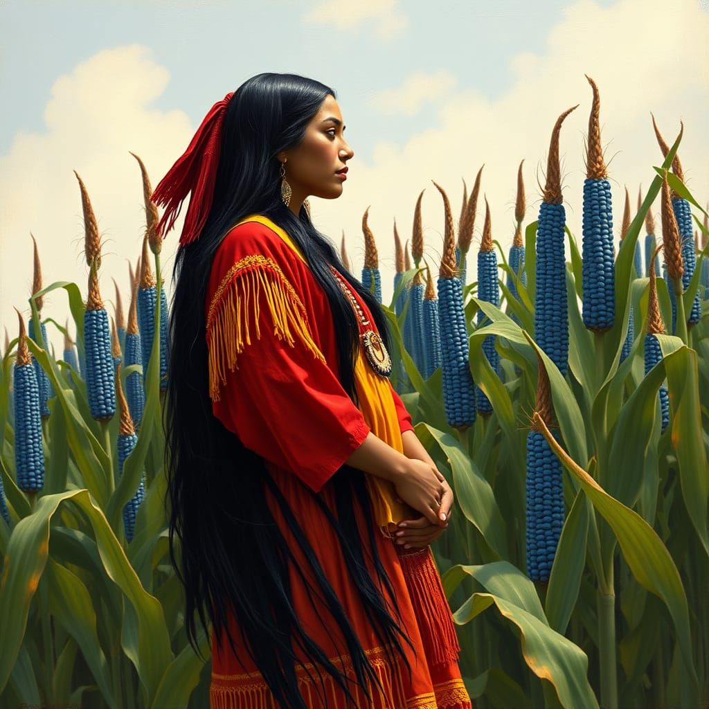 Native American Corn Maiden in Blue Cornfield