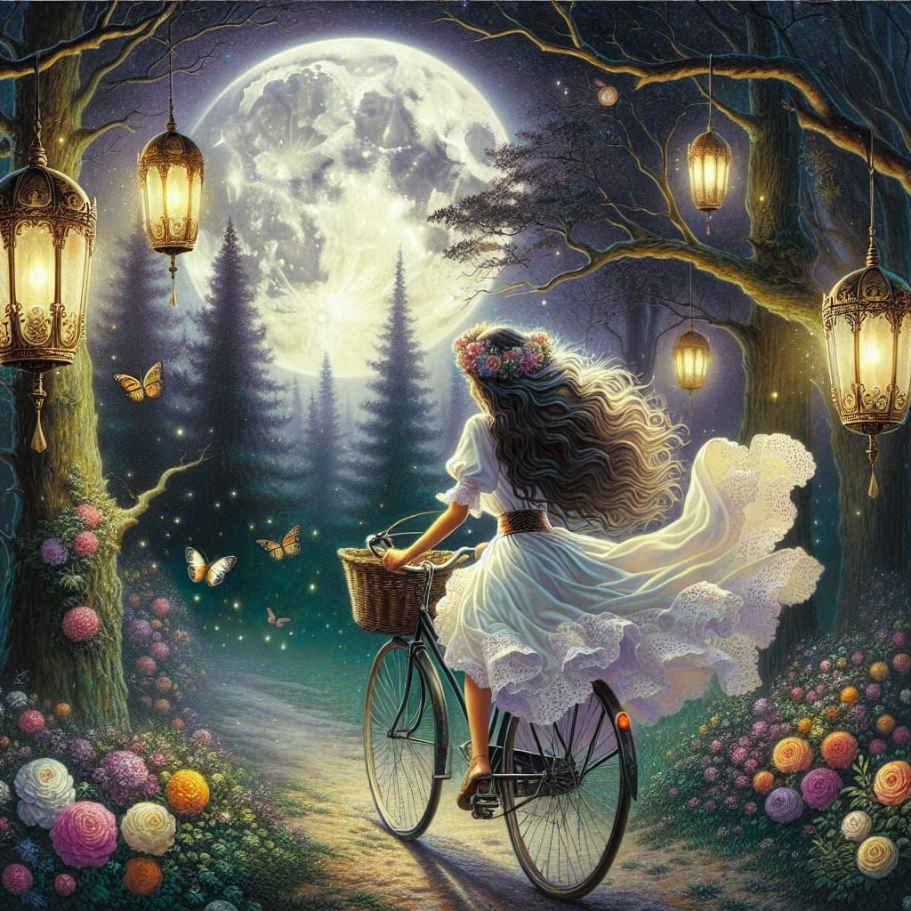 Romani Woman Rides Bike in Enchanted Moonlit Forest