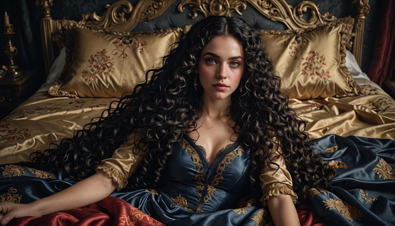 Photorealistic Woman on Satin Bedspread