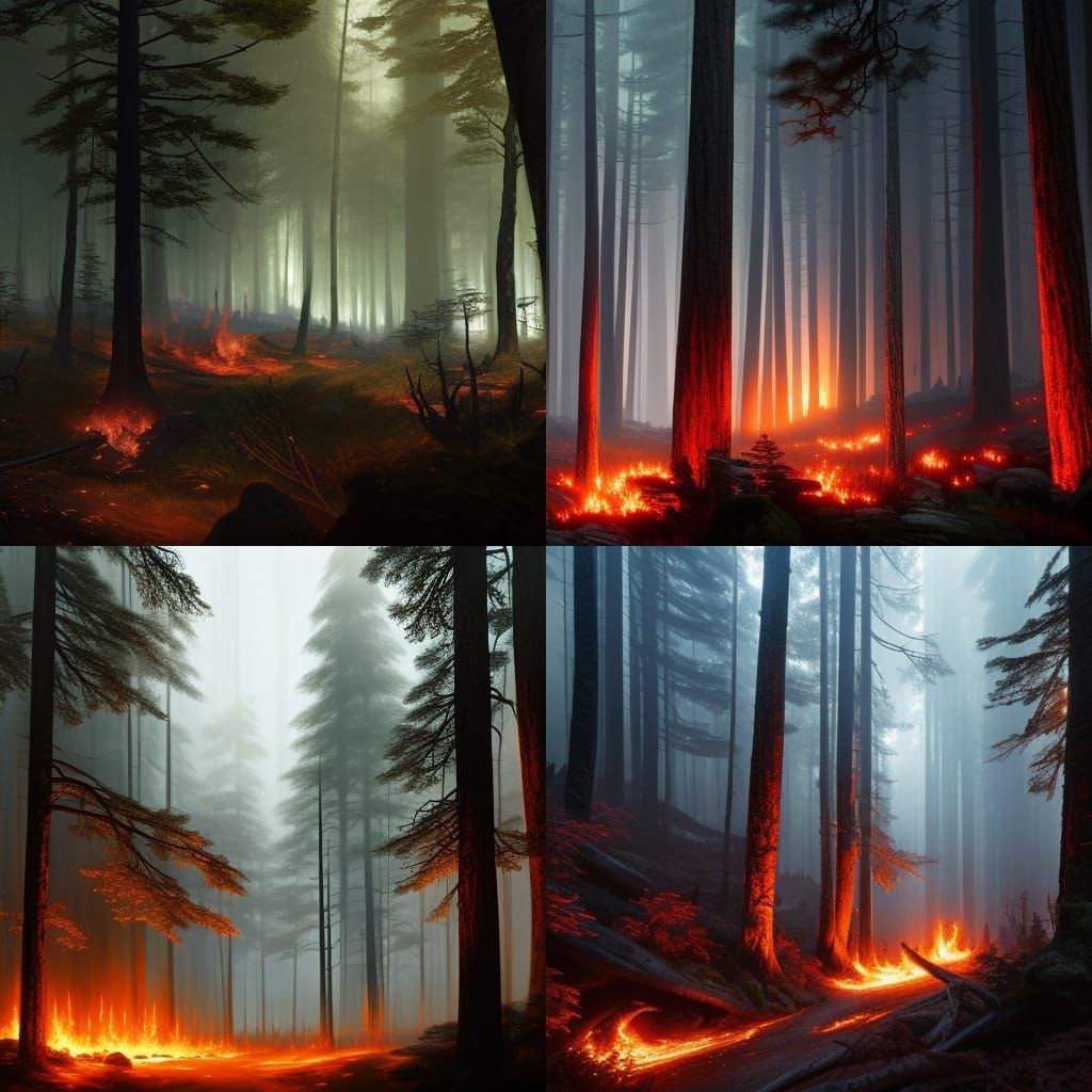 Mysterious Dark Forest Ablaze: Fantasy Concept Art