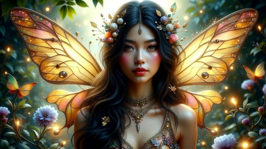 Butterfly Woman in Enchanted Garden: Art Nouveau Portrait