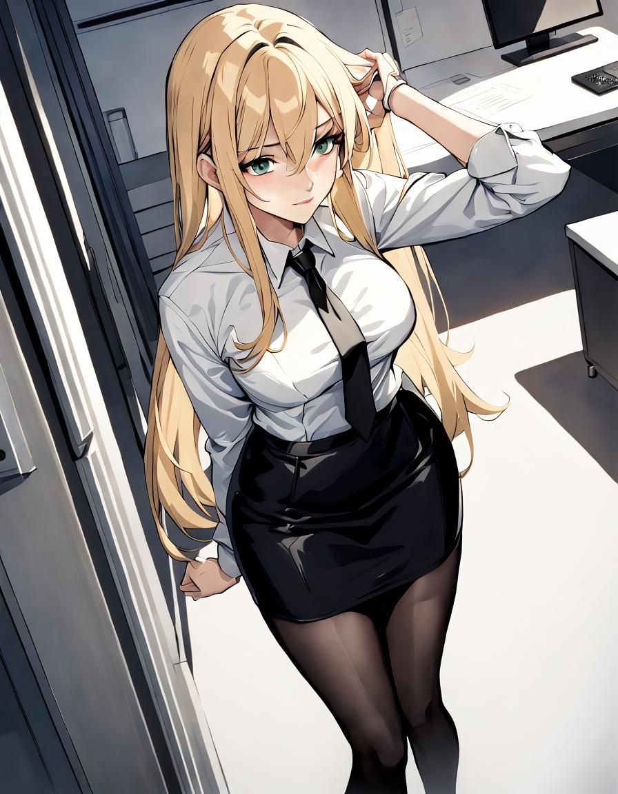 Blonde Woman in Office Adjusting Hair