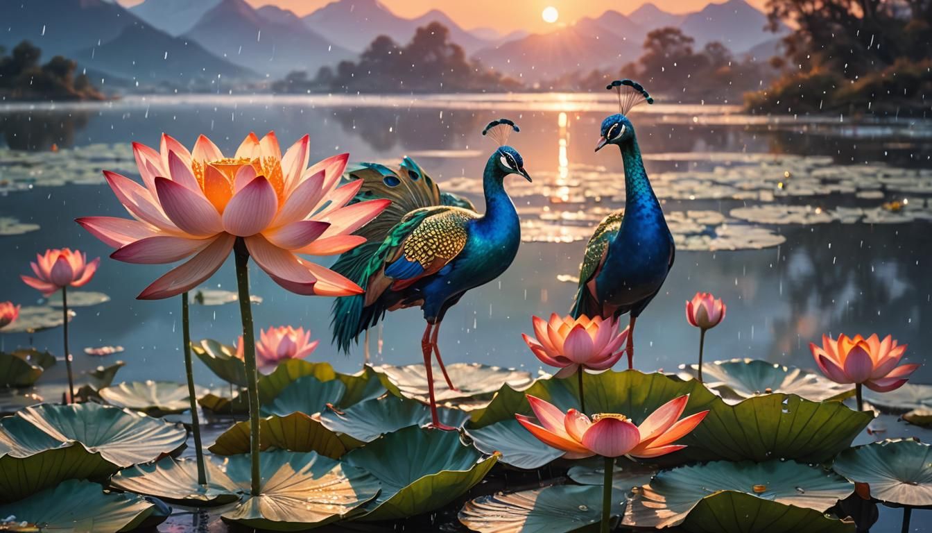 Lotus Flower and Peacock at Sunrise: Concept Art