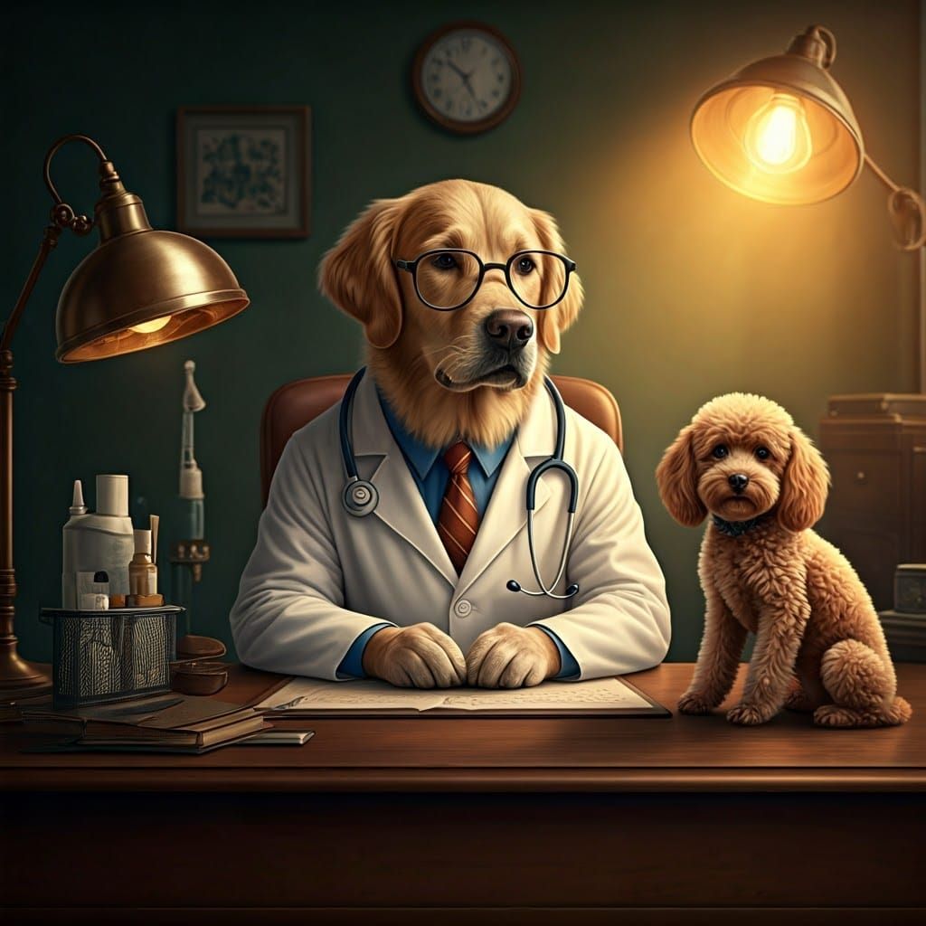 A Golden Retriever Veterinarian Examines a Patient Poodle