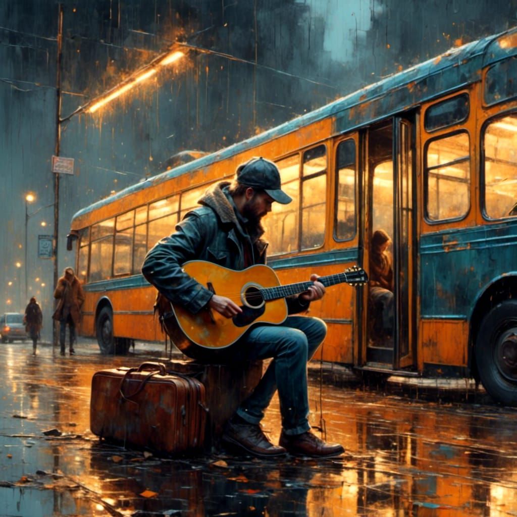 Guitar Player at Dimly Lit Bus Station