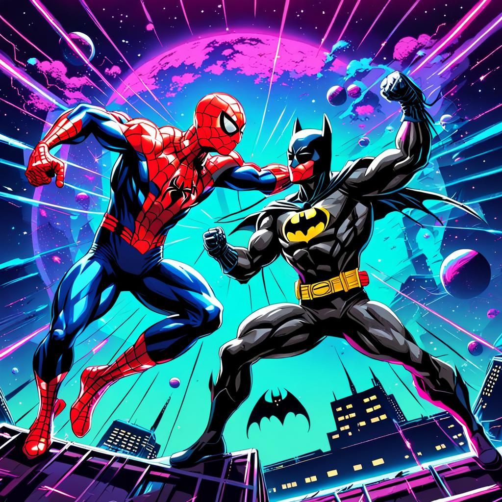 Spiderman vs Batman in Synthwave Neon Style
