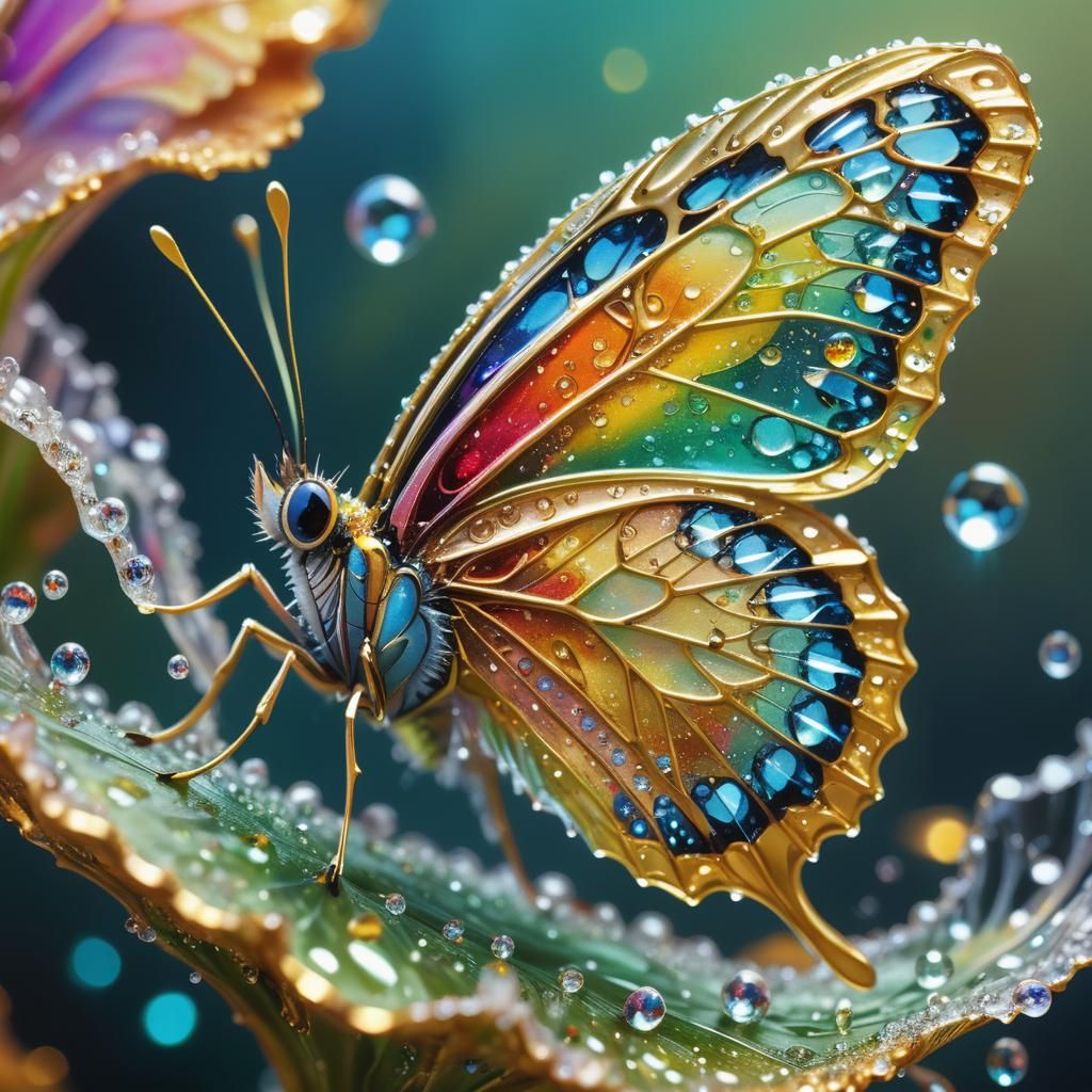 Dew-Kissed Butterfly in Crystal: Macro Photography
