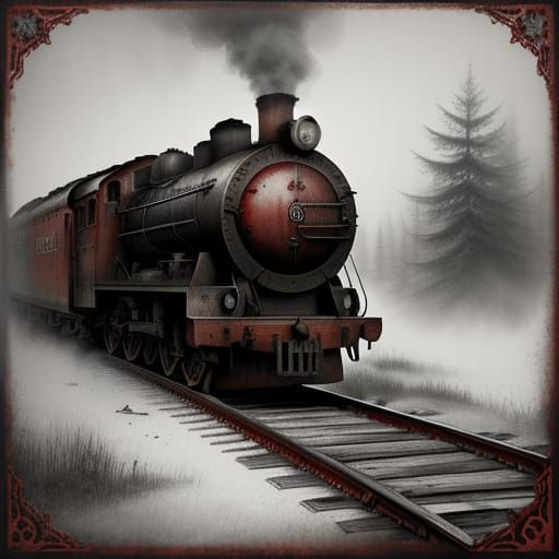 Vintage Train in Misty Forest, Art Nouveau Style