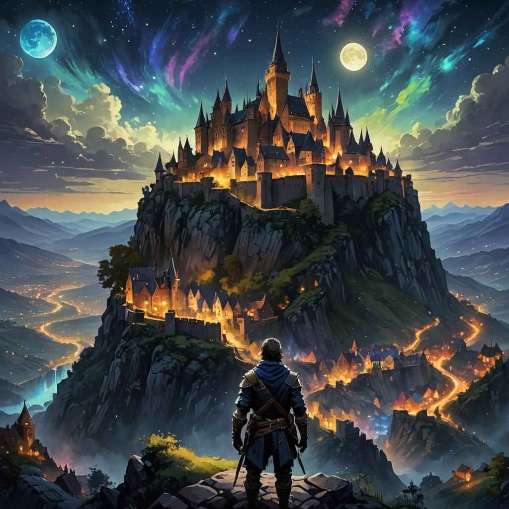 Colorful Night Over Fantasy Landscape in Final Fantasy Style