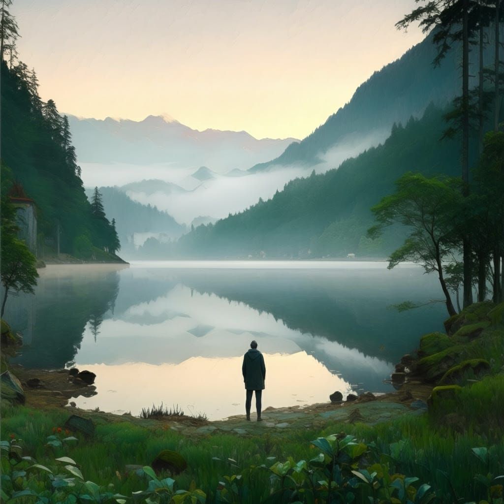 Ethereal Dawn Lake Scene in Dreamy, Impressionist Style