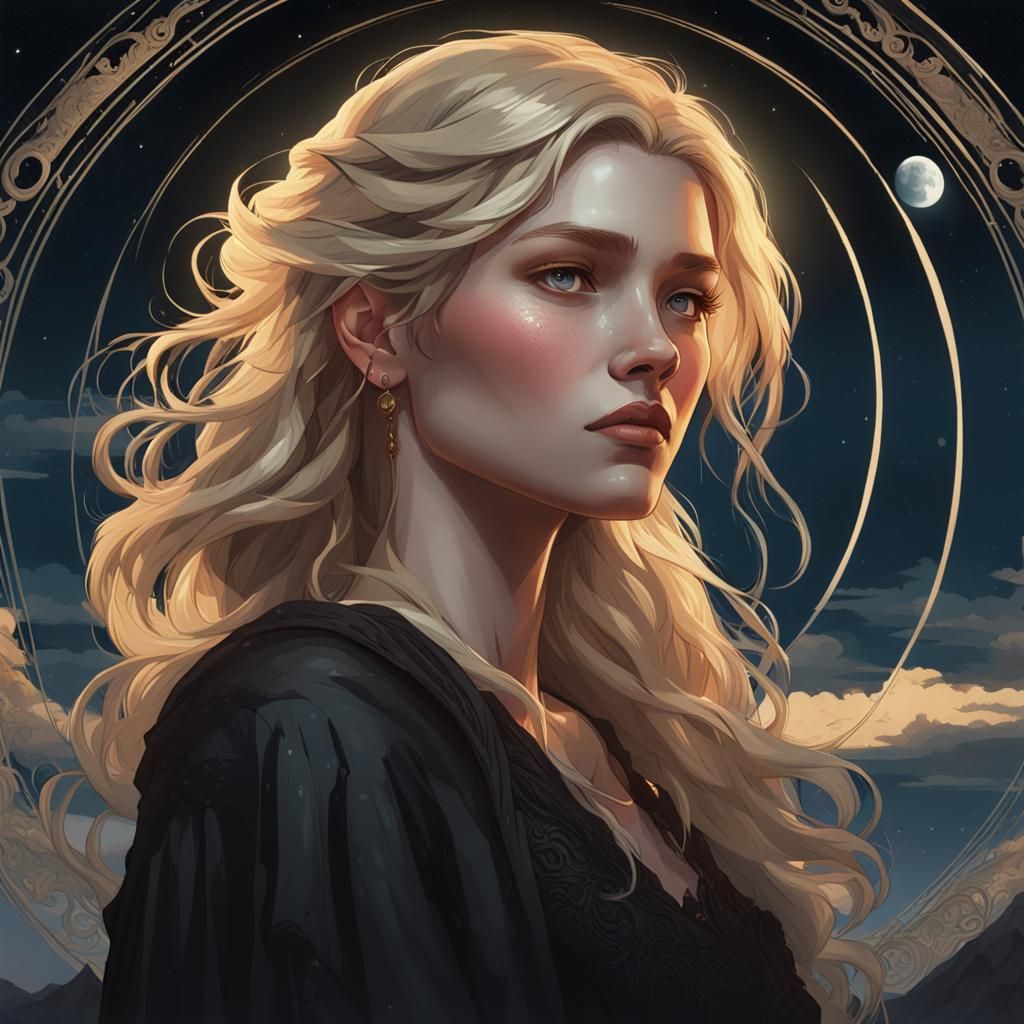 Blonde Woman Portrait Under Moonlight in Art Nouveau Style