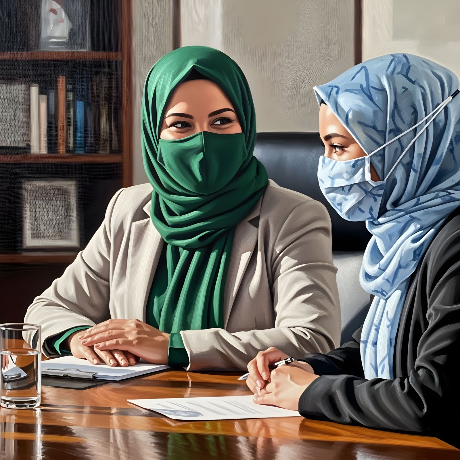 Confident Hijabi Businesswomen in Detailed Portrait Painting