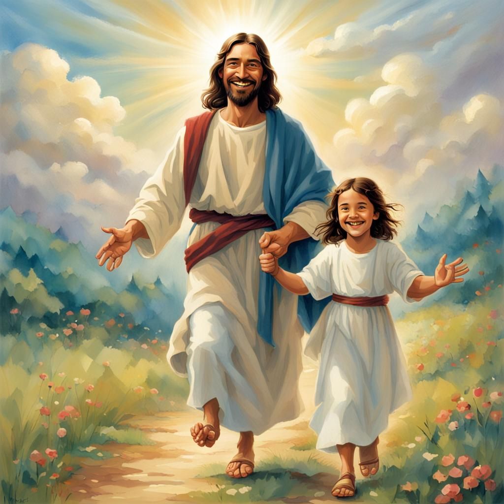 Jesus Christ Leads a Child with Joyful Smile