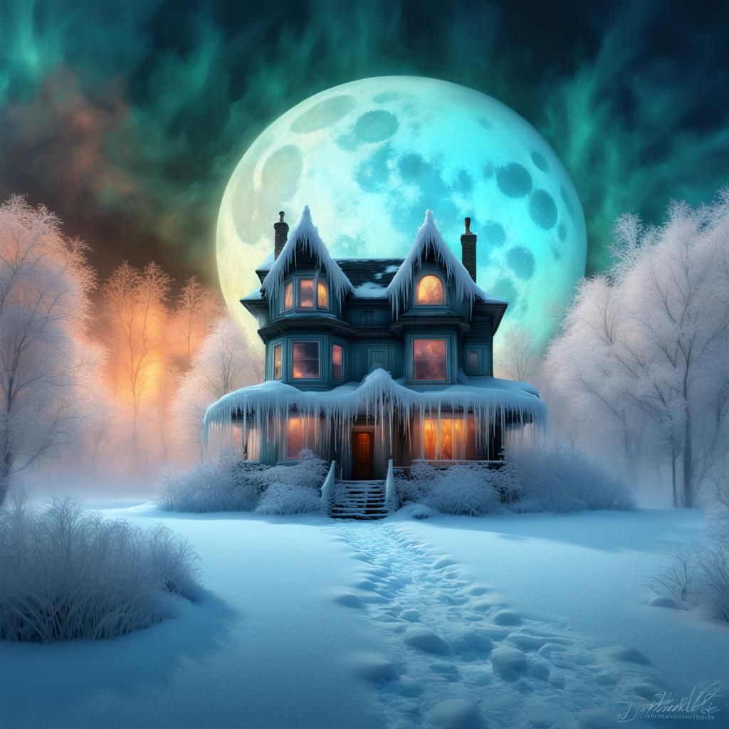 Glowing Floating House Under Bioluminescent Moon