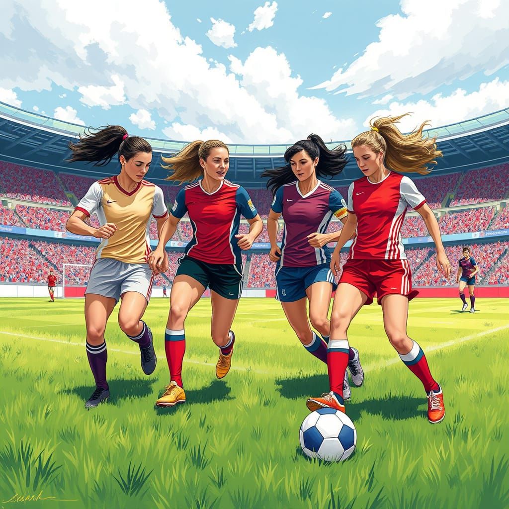 Female Football Players on Stadium Field in Vibrant Style