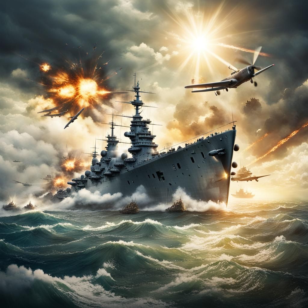 Epic WWII Naval Battle with Explosions and Divine Light