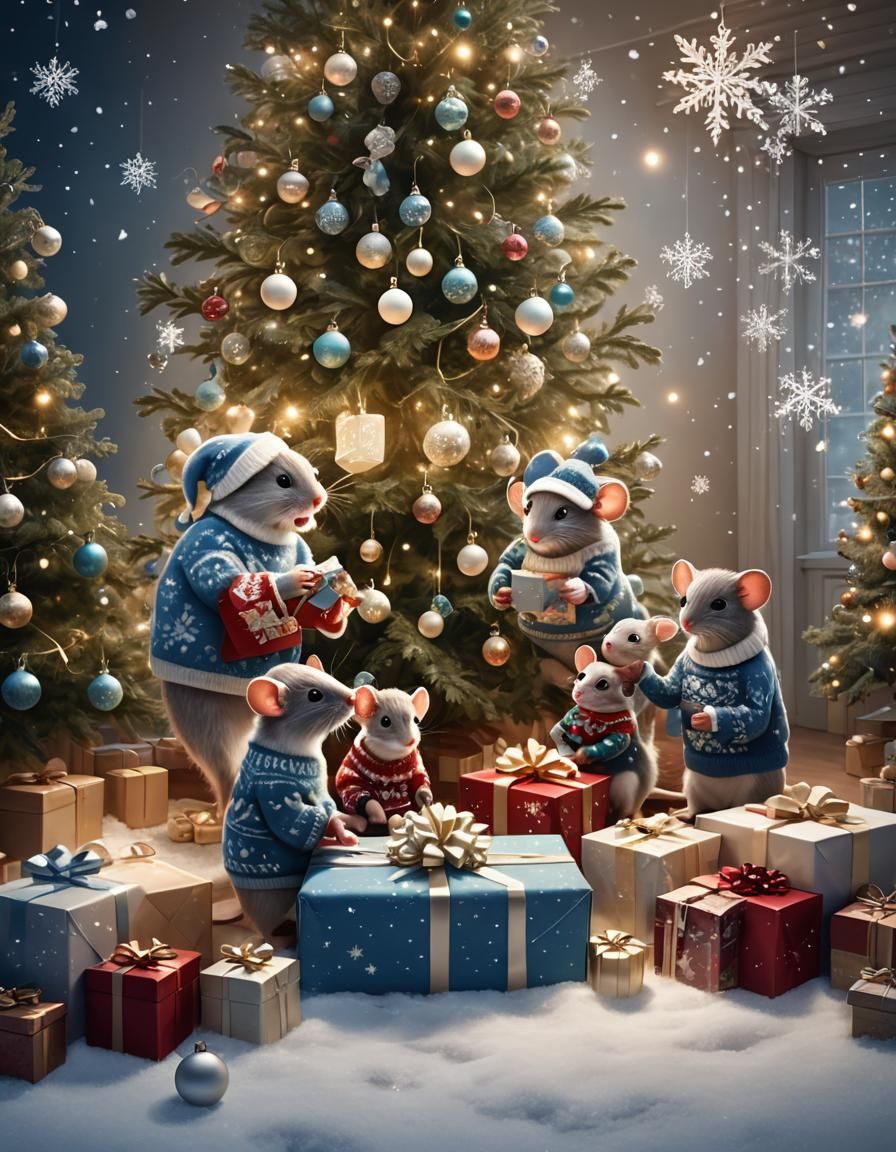 Festive Mouse Family Celebrates Christmas in Matte Painting