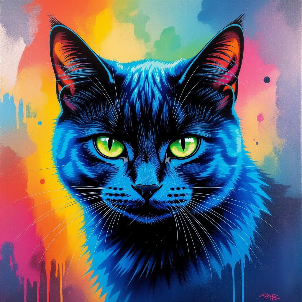 Cosmic Blue Cat with Fierce Green Eyes in Graffiti Style