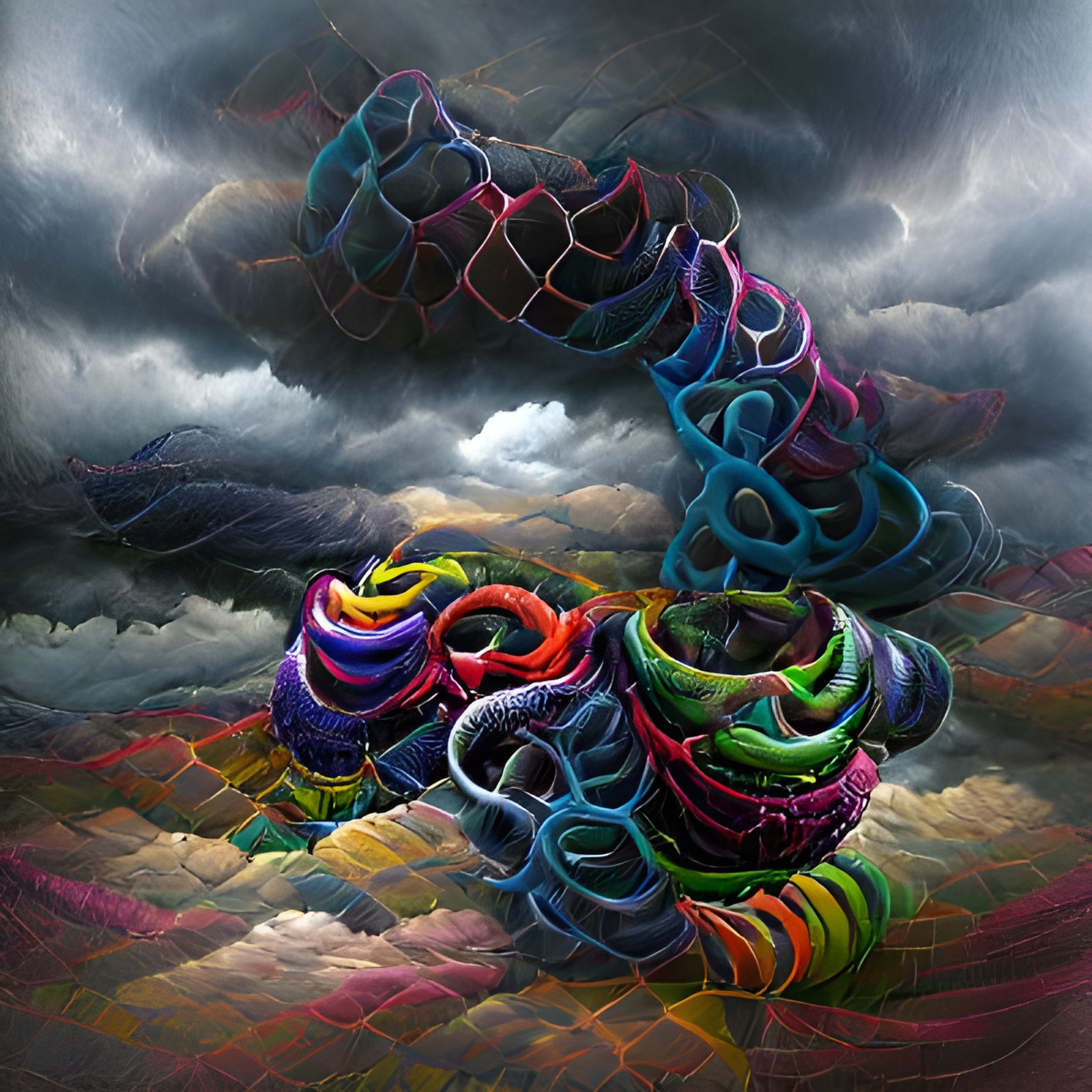 Swirling Geometric Chains Against Storm Clouds