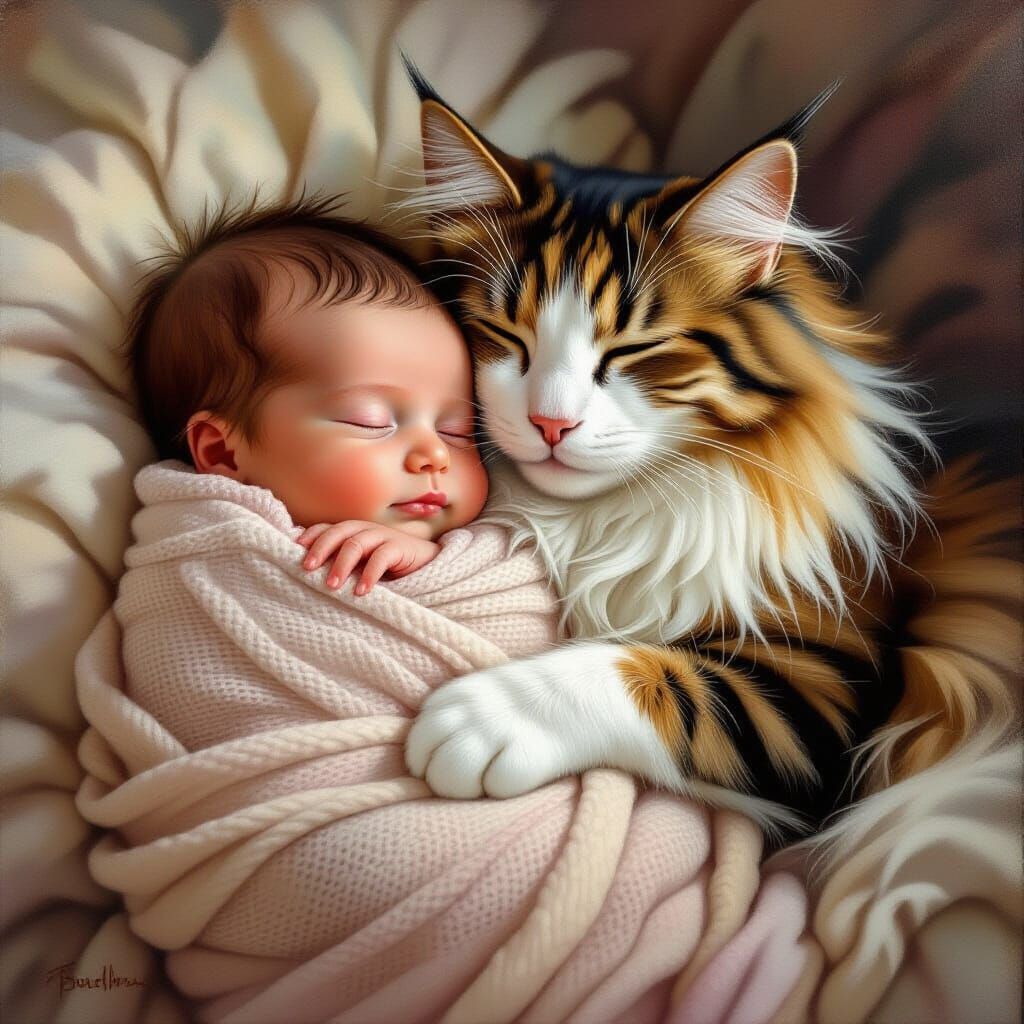 Sentimental Oil Painting of Baby Cuddling Cat