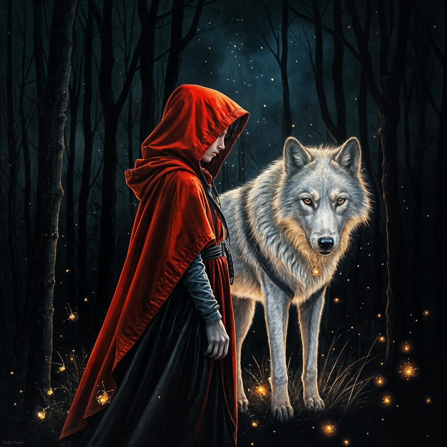 Girl and Wolf in Forest, Steampunk Watercolor