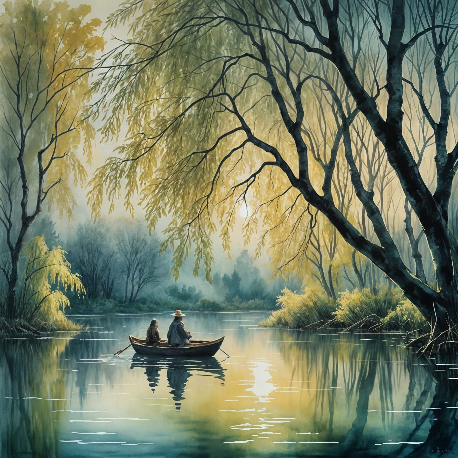 Night Lake Reflection with Glowing Willows