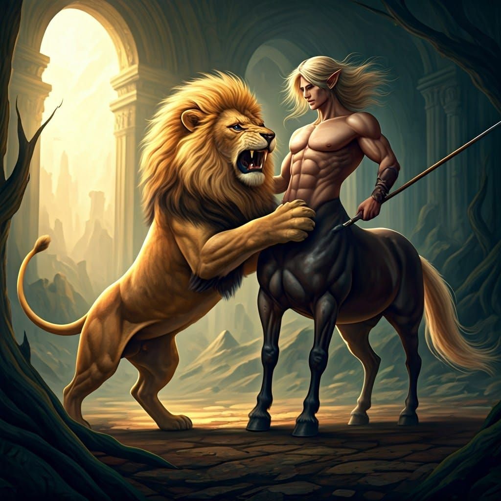 Centaur and Lion Clash in Fantasy Landscape