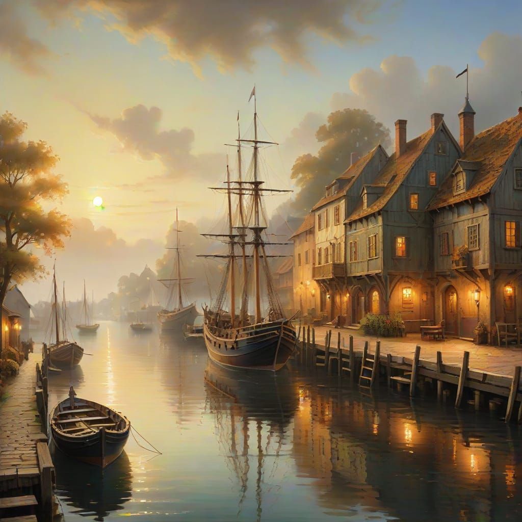 Renaissance Village: Golden Light and Tall Ship