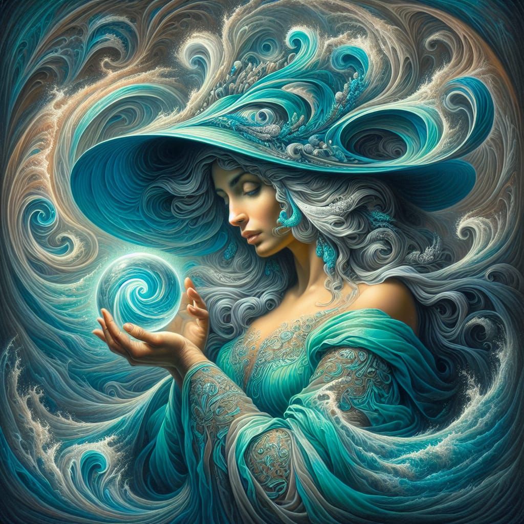 Hispanic Priestess with Turquoise Water Hat, Romantic Art