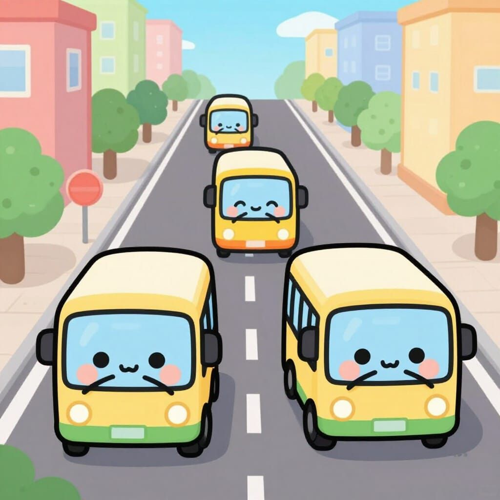 Cute Cartoon Buses on a Cheerful City Road