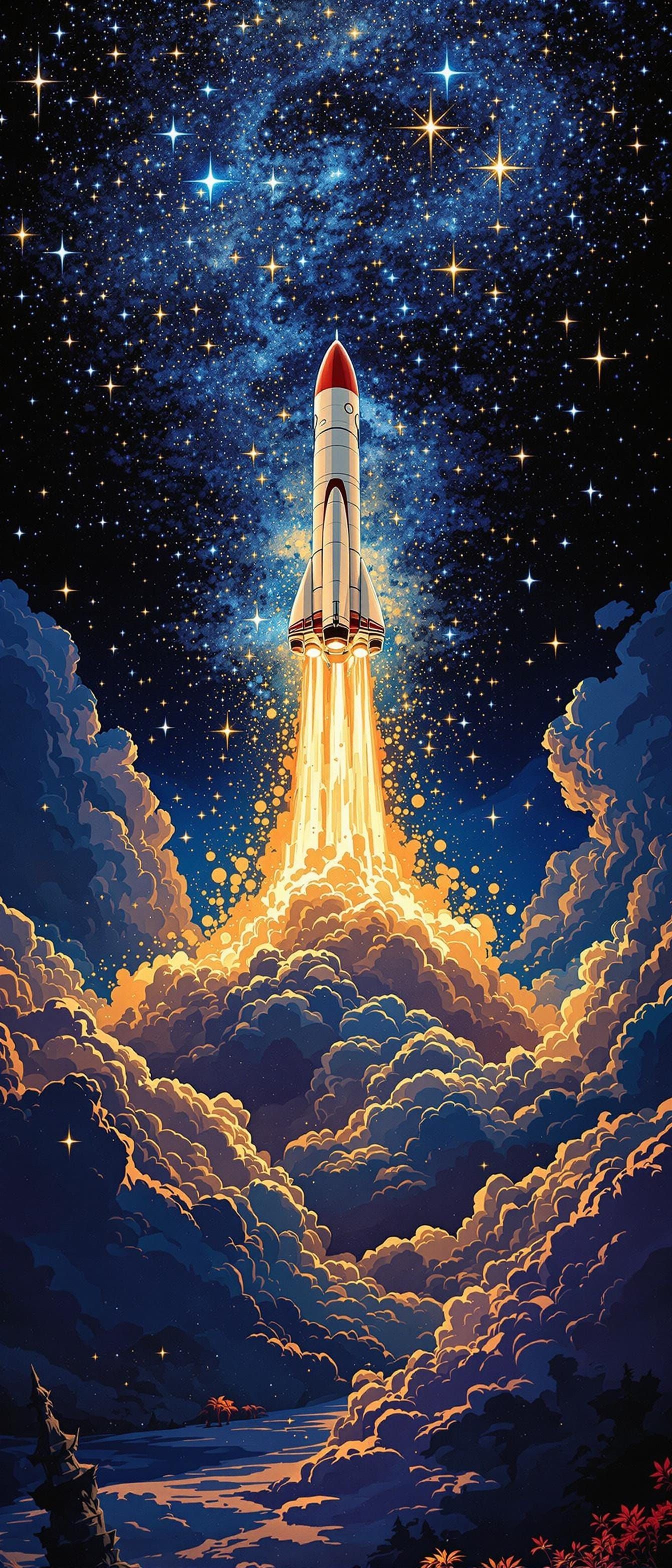 Rocket Ship Soaring Under Starry Night Sky