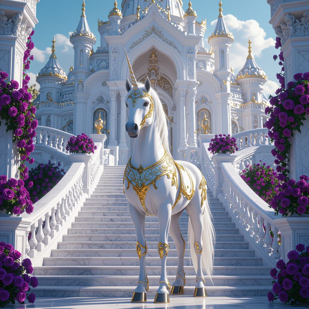 Armored Unicorn in Front of Palace as Matte Painting